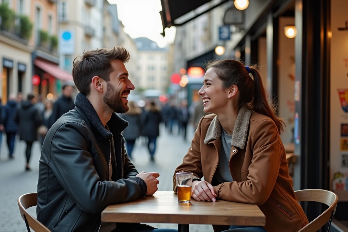 Jeune couple riant dans un café en plein centre de Créteil