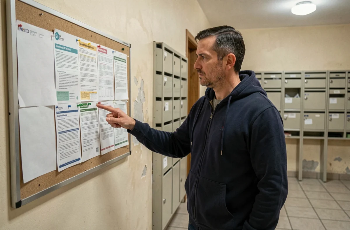 Locataire dans un couloir d'immeuble consultant un tableau d'affichage avec des informations sur ses droits et services