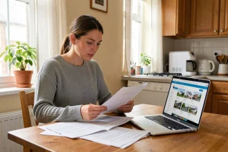 Locataire consultant les services cachés de son bail sur un portail logement depuis son appartement