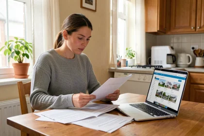 Locataire consultant les services cachés de son bail sur un portail logement depuis son appartement