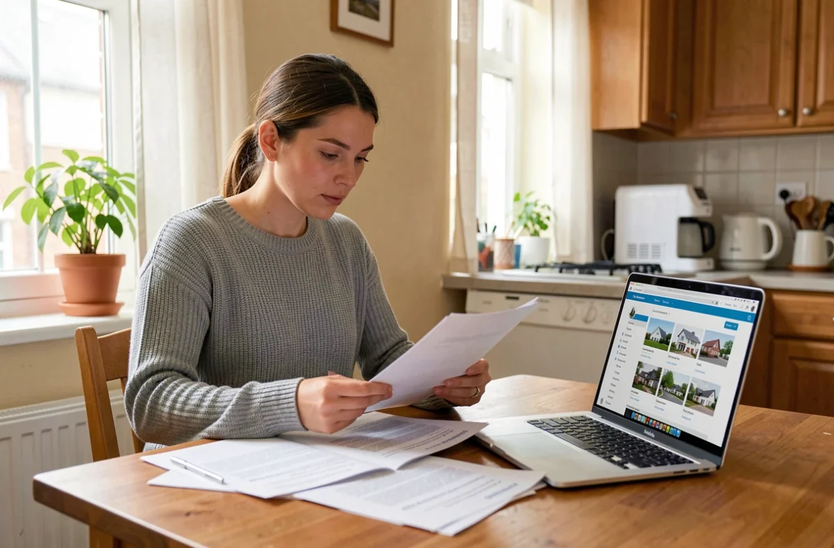 Locataire consultant les services cachés de son bail sur un portail logement depuis son appartement