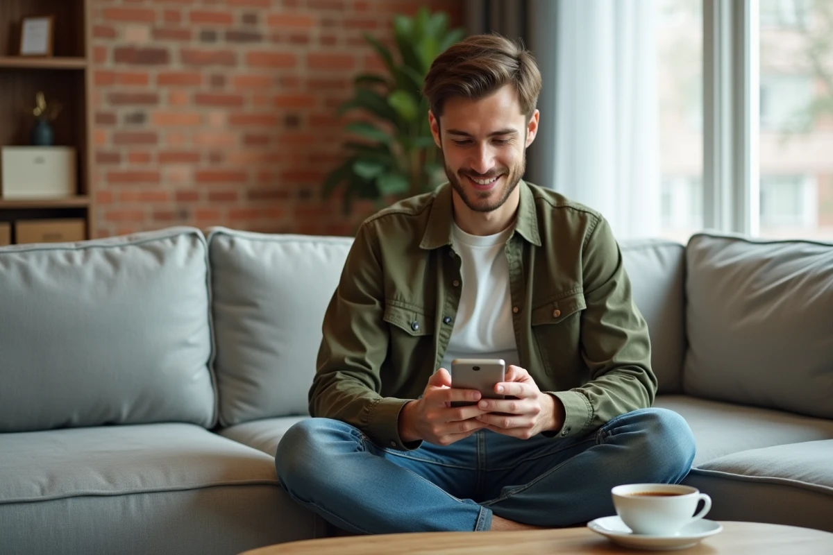 Jeune locataire uploadant son dossier de location sur smartphone depuis son appartement