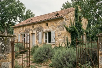 Maison abandonnée en pierre à vendre en Ardèche avec volets gris délavés et portail rouillé entouré de végétation sauvage