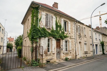 Maison abandonnée en pierre avec volets fermés et portail rouillé dans une rue périurbaine d'Île-de-France, quartier en rénovation autour du Grand Paris
