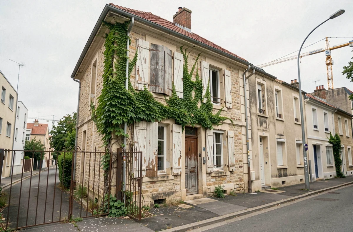 Maison abandonnée en pierre avec volets fermés et portail rouillé dans une rue périurbaine d'Île-de-France, quartier en rénovation autour du Grand Paris