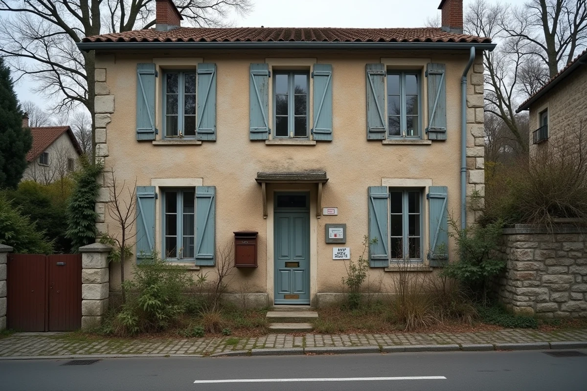Maison de famille en indivision à vendre avec volets fermés et jardin à l'abandon
