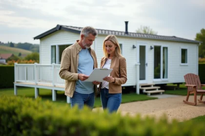 Couple devant une maison mobile en campagne française