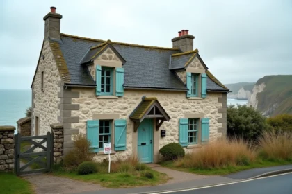 Maison normande en pierre à vendre avec vue sur les falaises et la mer en Normandie