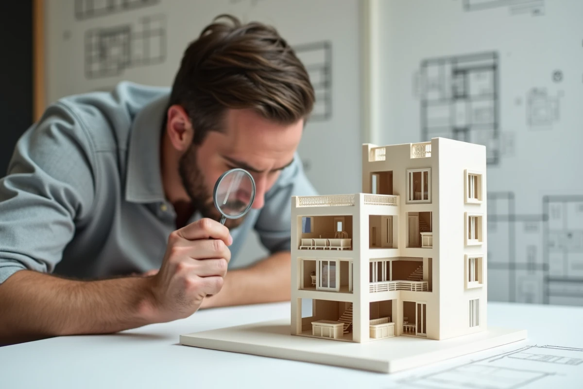 Maquette architecturale d'un immeuble haussmannien en coupe avec un architecte en train d'étudier les détails