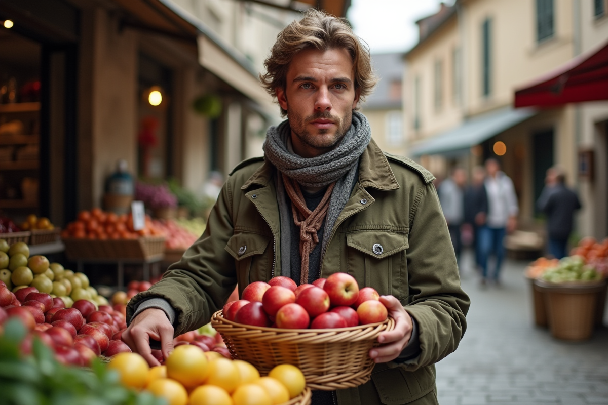 Jeune homme achetant des pommes au marché rural