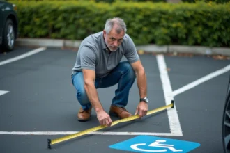 Homme mesurant une place de parking extérieure
