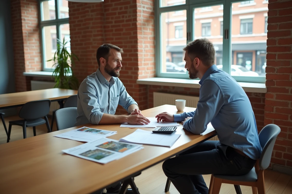 Négociation de loyer entre locataire et propriétaire autour d'une table avec documents immobiliers