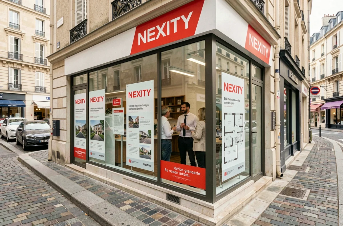 Agence Nexity en Centre-Val de Loire avec vitrine affichant des programmes immobiliers neufs et un conseiller recevant des clients