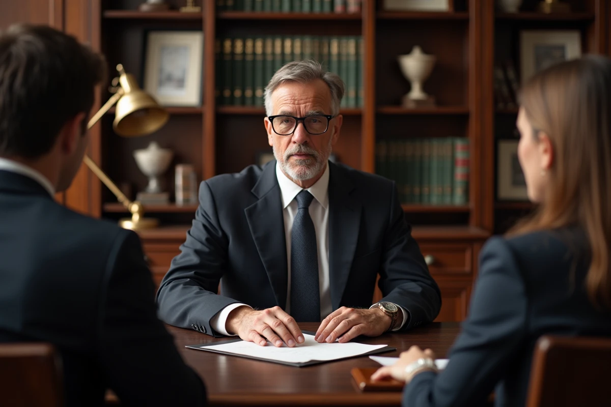Notaire expliquant un acte de succession à des héritiers en indivision dans son étude