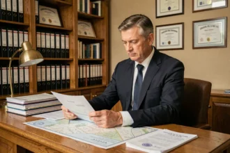 Notaire en Vendée examinant des actes de cession de parcelles dans son étude juridique