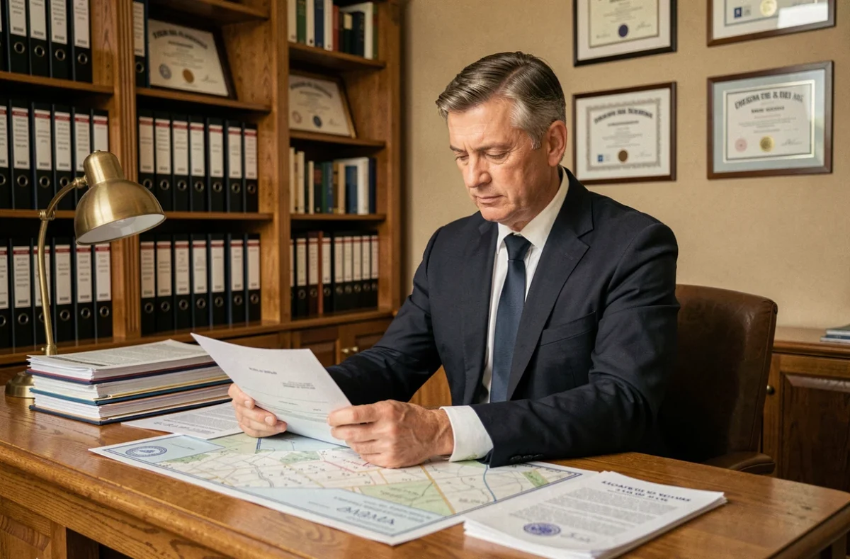 Notaire en Vendée examinant des actes de cession de parcelles dans son étude juridique