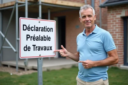 Panneau déclaration préalable de travaux affiché sur une clôture devant un chantier résidentiel