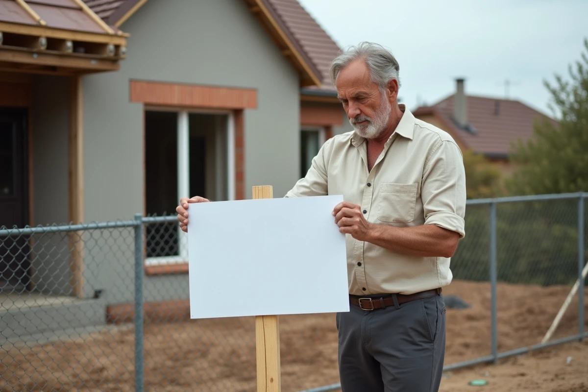 Homme fixant un panneau de permis de construire sur un piquet en bois devant un chantier résidentiel