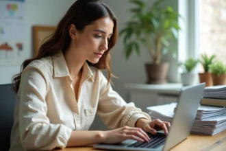 Femme paramétrant son espace client MyFoncia sur un ordinateur portable dans un bureau à domicile