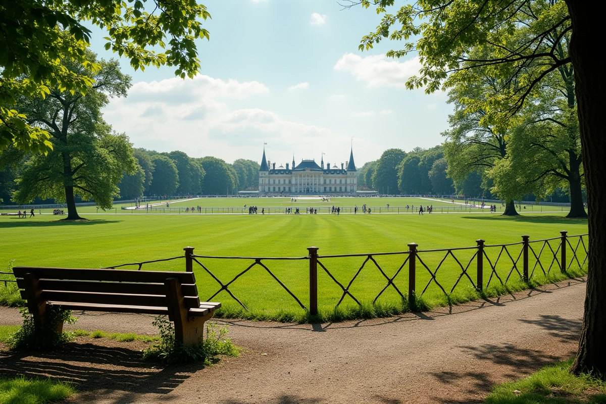 Vue panoramique du parc et château de Maisons-Laffitte avec familles et joggeurs dans un cadre verdoyant