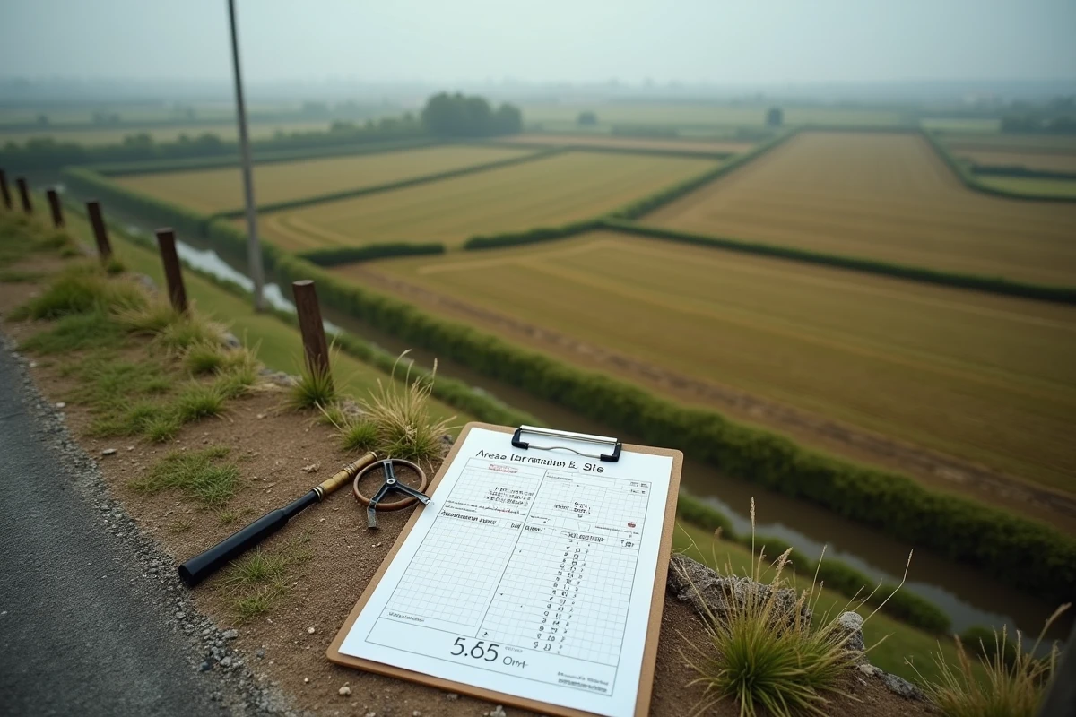 Vue large d'une parcelle agricole bornée avec un outil de mesure et un document de calcul en ares et mètres carrés posé au sol