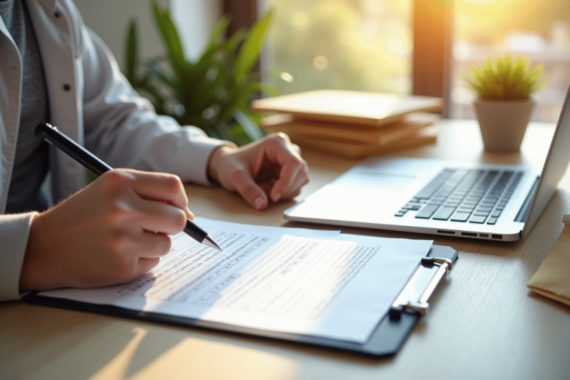 Personne remplissant un formulaire de changement d'adresse sur un bureau lumineux