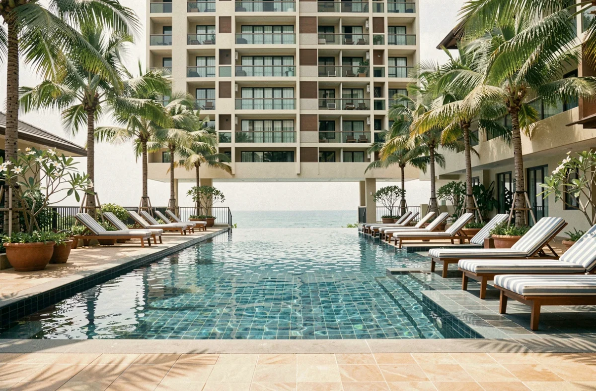 Piscine commune d'un condominium moderne en Thaïlande illustrant les charges de copropriété