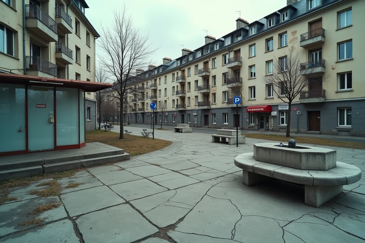 Place publique délabrée dans un quartier sensible d'Alès avec abribus vandalisé et mobilier urbain dégradé