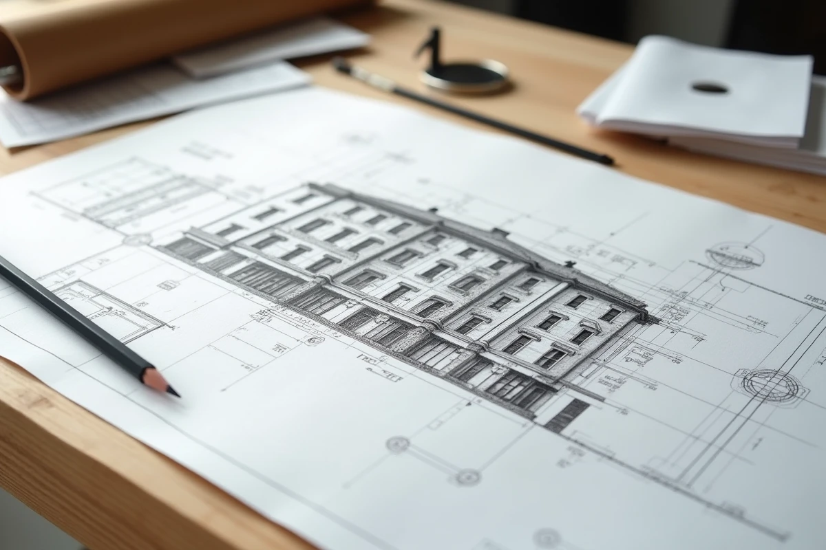 Plan de façade haussmannienne dessiné à la main sur une table d'architecte avec outils techniques