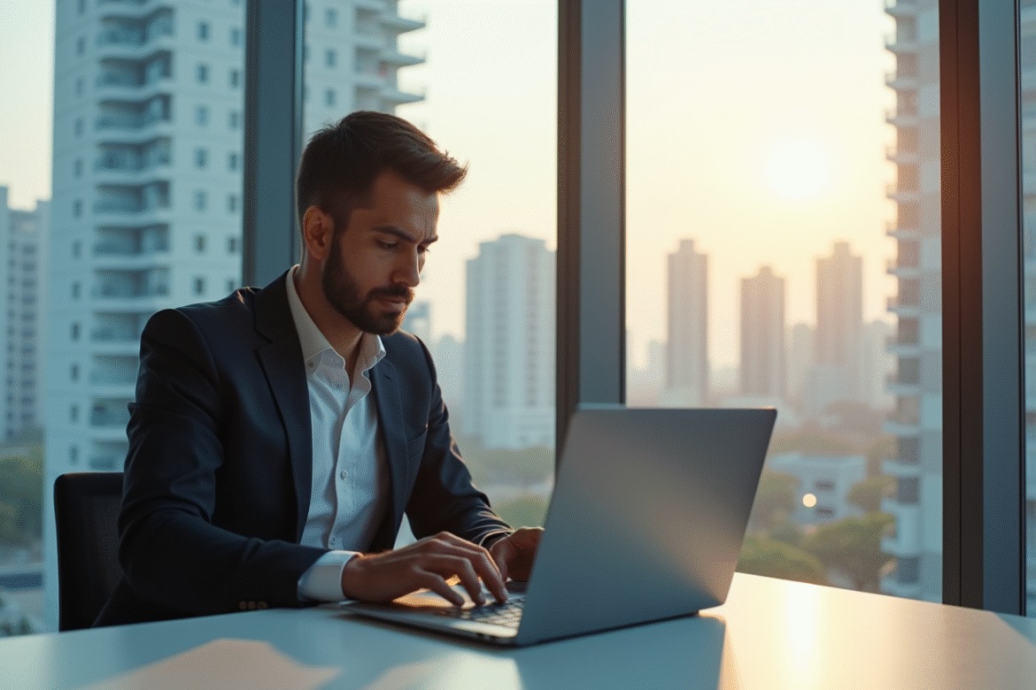 Professionnel de l'immobilier analysant des données sur un ordinateur dans un bureau lumineux