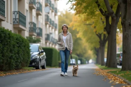 Femme marchant avec son chien dans une rue résidentielle de Créteil