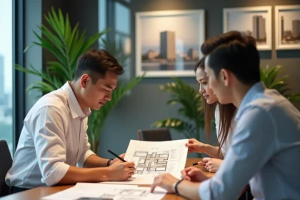 Couple étranger en discussion avec un promoteur immobilier thaïlandais dans une agence à Bangkok, examinant des documents de vente immobilière
