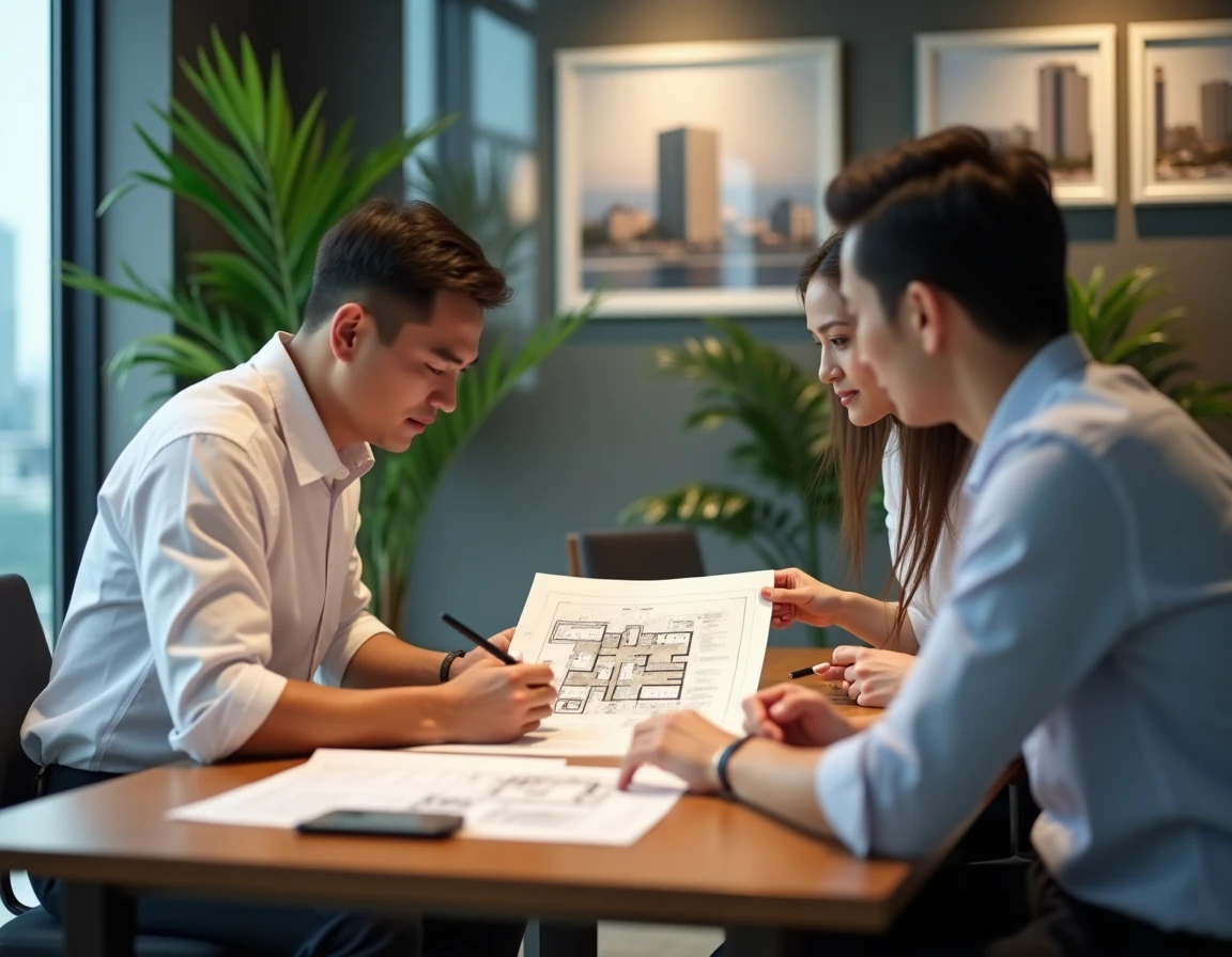 Couple étranger en discussion avec un promoteur immobilier thaïlandais dans une agence à Bangkok, examinant des documents de vente immobilière