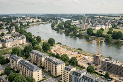 Vue aérienne de la région Centre-Val de Loire avec mélange d'architecture historique et de nouveaux programmes immobiliers en bord de Loire