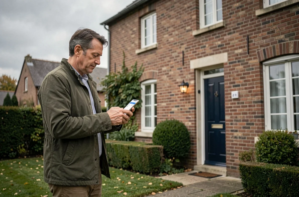 Propriétaire consultant une application d'assurance habitation pas chère devant sa maison