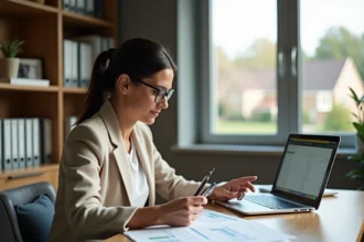 Propriétaire immobilière examinant des documents de gestion Socorpi dans son bureau à domicile