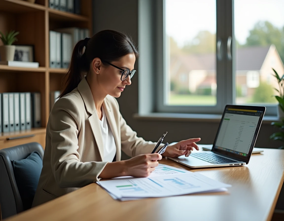 Propriétaire immobilière examinant des documents de gestion Socorpi dans son bureau à domicile