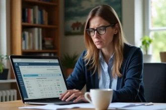 Propriétaire de gîte en train de résoudre un bug sur son bureau en ligne Gîtes de France depuis un ordinateur portable