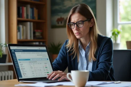Propriétaire de gîte en train de résoudre un bug sur son bureau en ligne Gîtes de France depuis un ordinateur portable