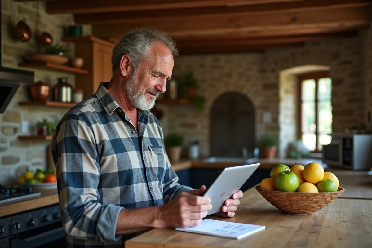 Propriétaire de gîte rural consultant son tableau de bord Gîtes de France sur une tablette dans une cuisine en pierre
