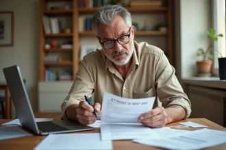 Propriétaire stressé examinant des documents de loyers impayés à son bureau domestique