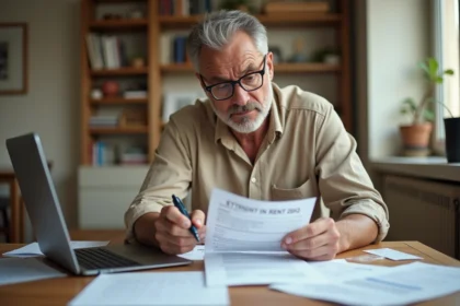 Propriétaire stressé examinant des documents de loyers impayés à son bureau domestique