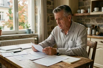 Propriétaire étudiant des documents fiscaux sur la taxe sur logement vacant à sa table de cuisine