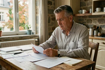 Propriétaire étudiant des documents fiscaux sur la taxe sur logement vacant à sa table de cuisine