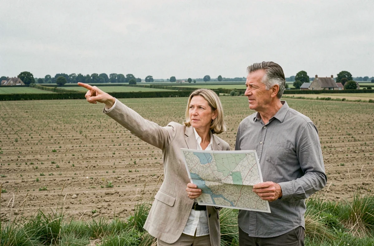 Couple de propriétaires consultant un plan cadastral lors d'une visite de parcelle agricole en Vendée