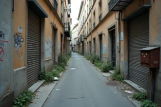 Rue dégradée d'un quartier défavorisé d'Alès avec façades abîmées et graffitis, signaux d'alerte visibles sur place
