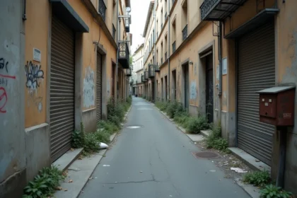 Rue dégradée d'un quartier défavorisé d'Alès avec façades abîmées et graffitis, signaux d'alerte visibles sur place