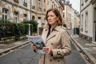 Femme consultant un brochure immobilière dans un quartier résidentiel dégradé de Blois