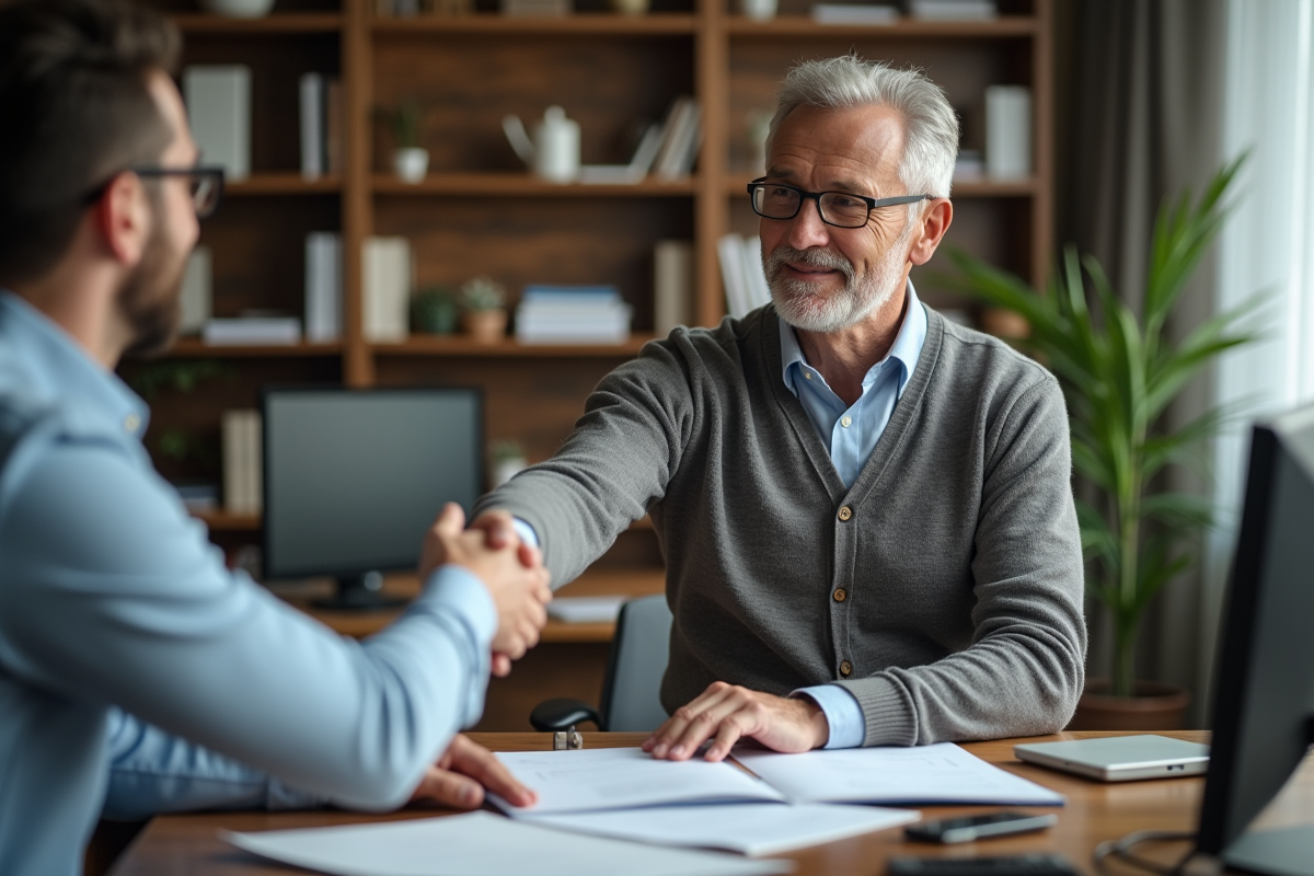 Homme remettant des clés à un propriétaire dans un bureau professionnel