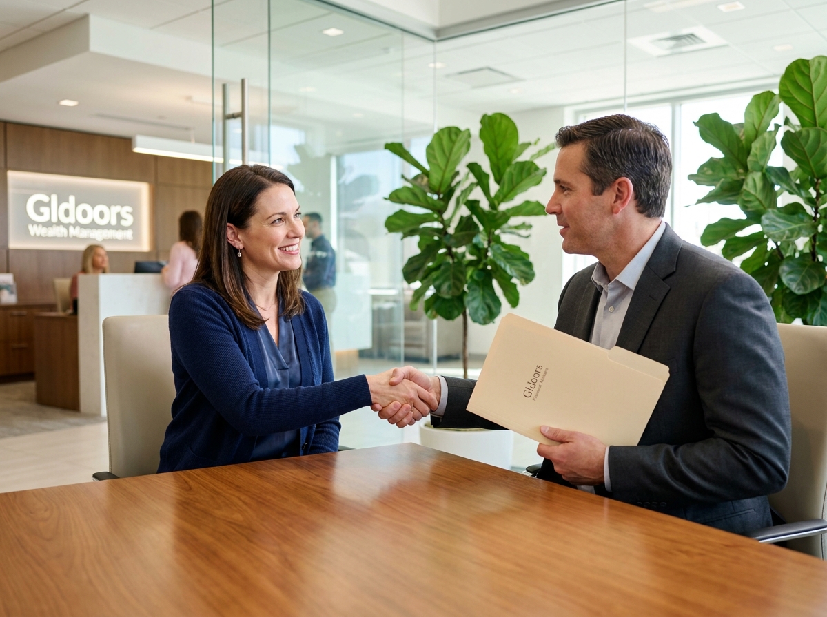 Femme et conseiller bancaire se serrant la main dans un bureau moderne